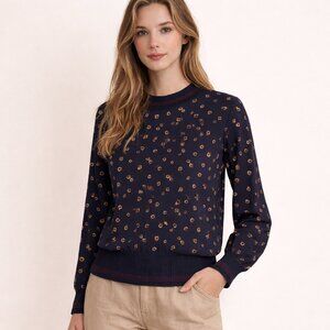 French Connection Navy Printed Long Sleeve Blouse Ribbed Hem Top Size S